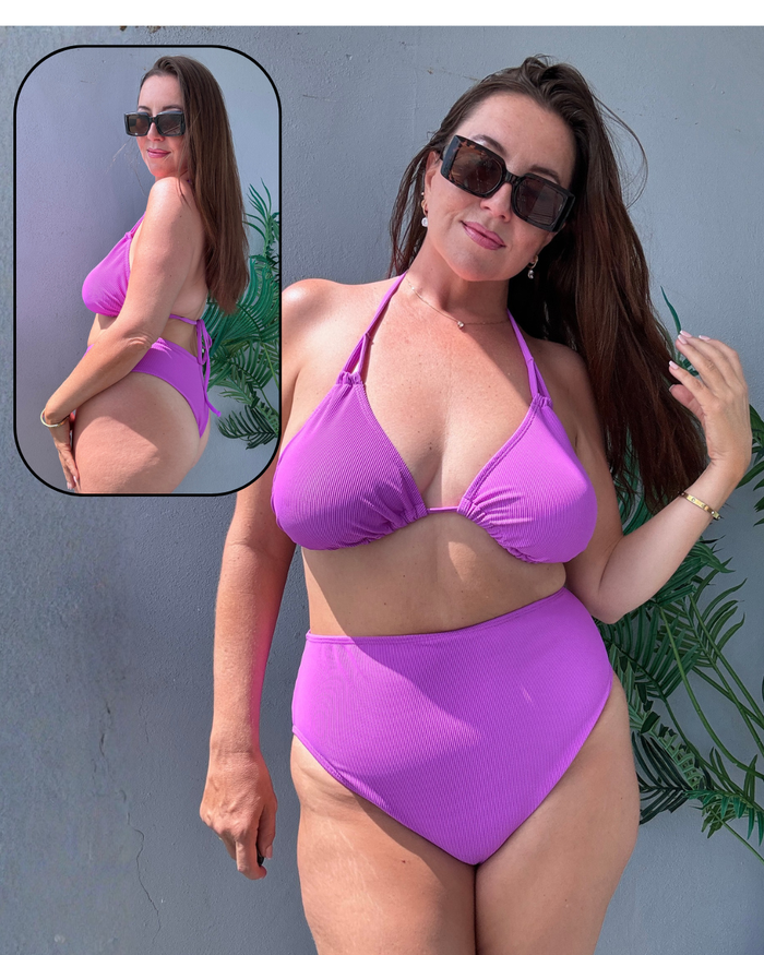 Neon Purple Rib High Waist Cheeky Bikini Bottom