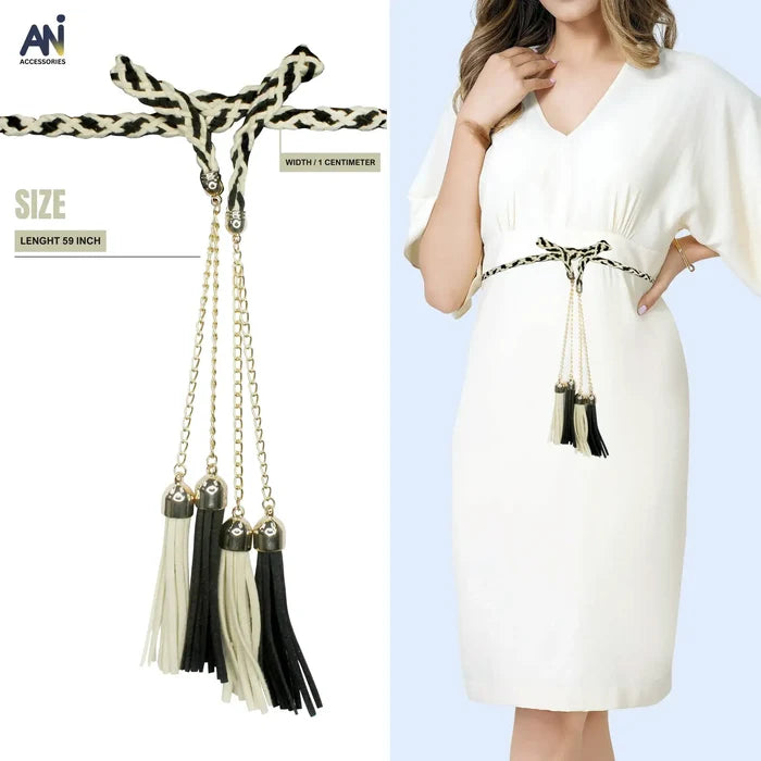 Ani accessories women belt -  women wearing rope belt style waist belt. Perfect to used as adjustable belt for dress, jeans, skirt & more with shown size of belt in a white background.