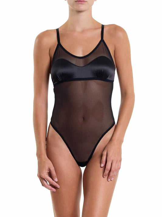 Black Sheer Mesh & Satin Thong Bodysuit - Front View On Model | Hanky Panky