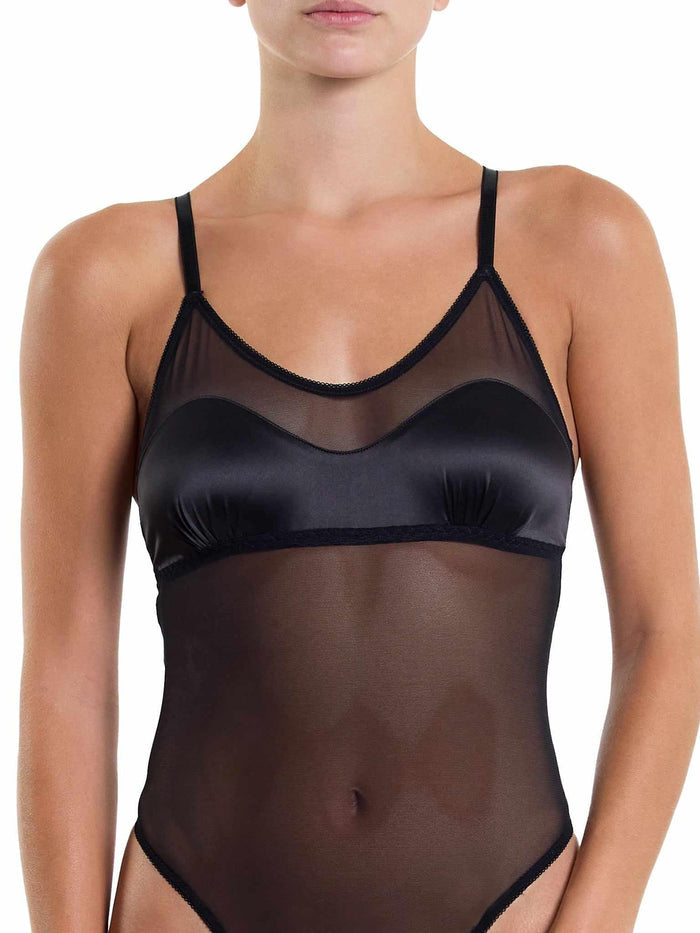 Black Satin & Mesh Bodysuit - Bust Detail Close-Up On Model | Hanky Panky