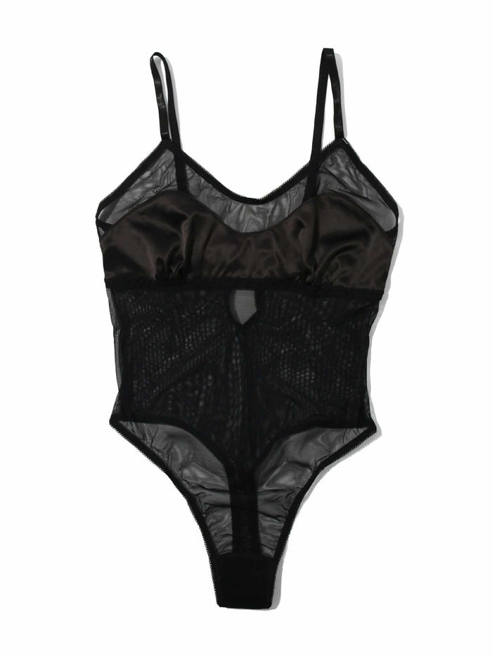 Black Satin & Mesh Thong-Back Bodysuit - Flat Lay Front | Hanky Panky