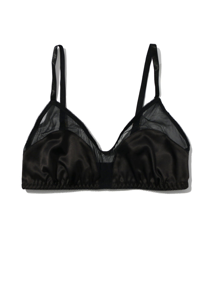 &oh Dark And Dangerous Black Satin Mesh Triangle Bralette - Flat Lay Detail | Hanky Panky