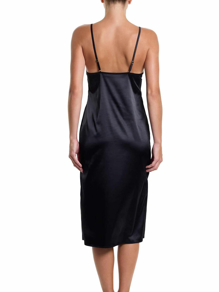 &oh Dark Romance Black Stretch Satin Slip Dress - Back View, Gold Hardware Straps | Hanky Panky