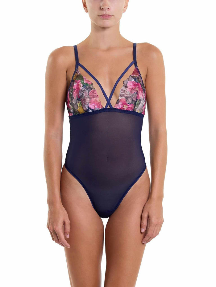 &oh Wildly Blooming Strappy Bodysuit Dark Sky Blue - Front View, Floral Mesh Lingerie Bodysuit with Crossover Straps | Hanky Panky