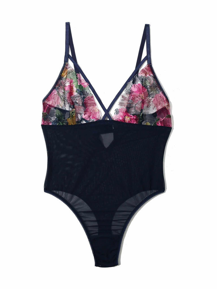 &oh Wildly Blooming Strappy Bodysuit Dark Sky Blue - Flat Lay, Floral Print Mesh Lingerie Bodysuit with Strappy V-Neckline | Hanky Panky