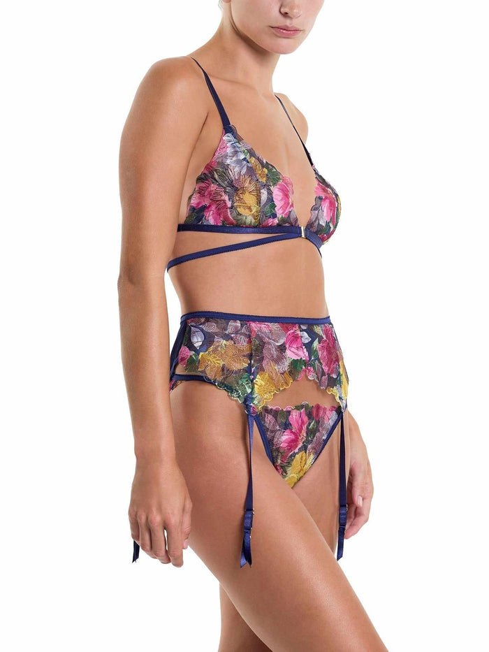 &oh Wildly Blooming Strappy Triangle Bralette Dark Sky Blue - Side View Styled Lingerie Set | Hanky Panky