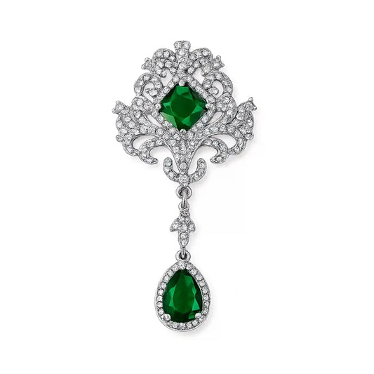 Ornate Emerald Dangle Brooch