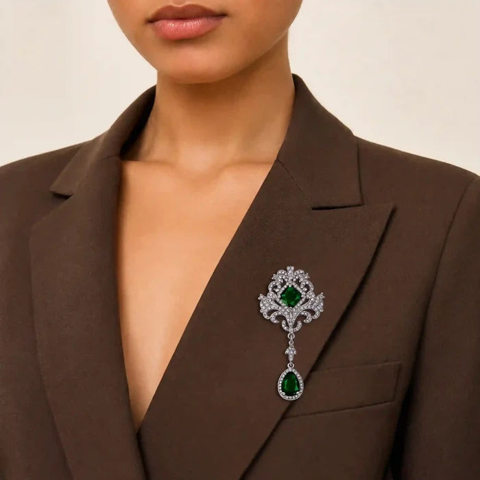 Ornate Emerald Dangle Brooch