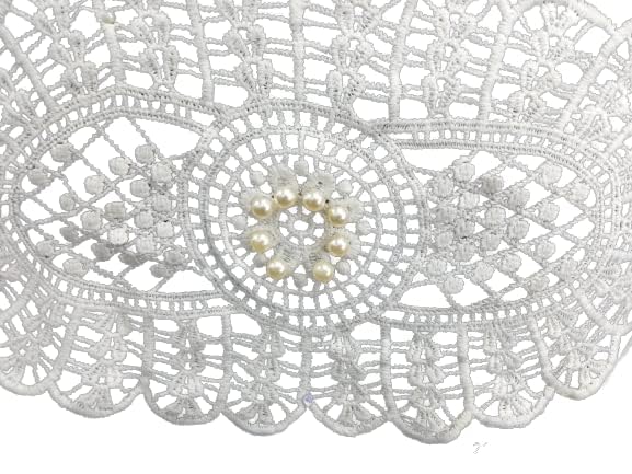 Oval floral pearl neckline crafted with fine embroidery and pearl accents, dyeable sew-on applique for designer outfits