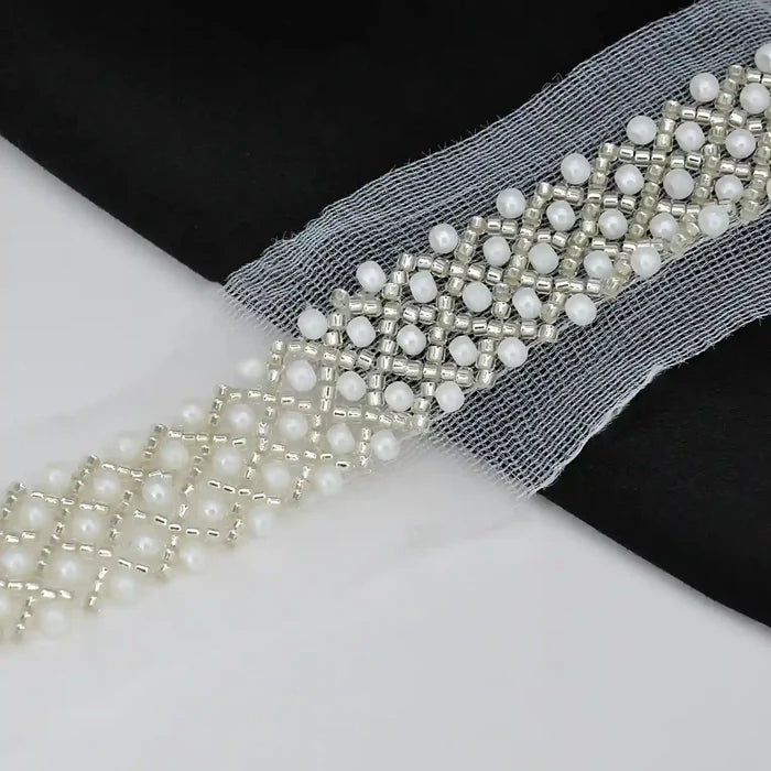 Pearl and Silver Beaded Netting Trim