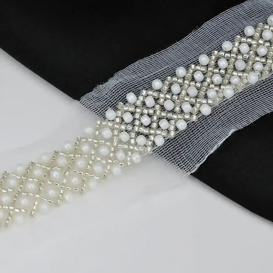 Pearl and Silver Beaded Netting Trim