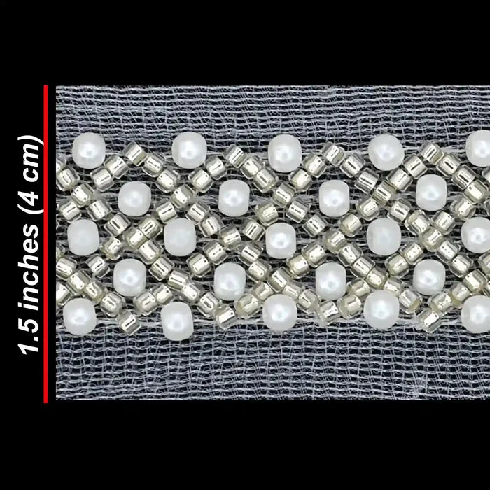 Pearl and Silver Beaded Netting Trim