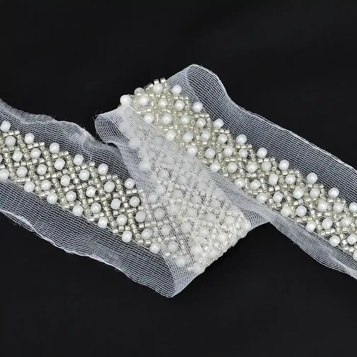 Pearl and Silver Beaded Netting Trim