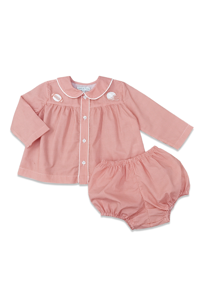 Percy & Tyne - Bloomer Set - Orange and White Gingham w/ Football Helmet Emboridery