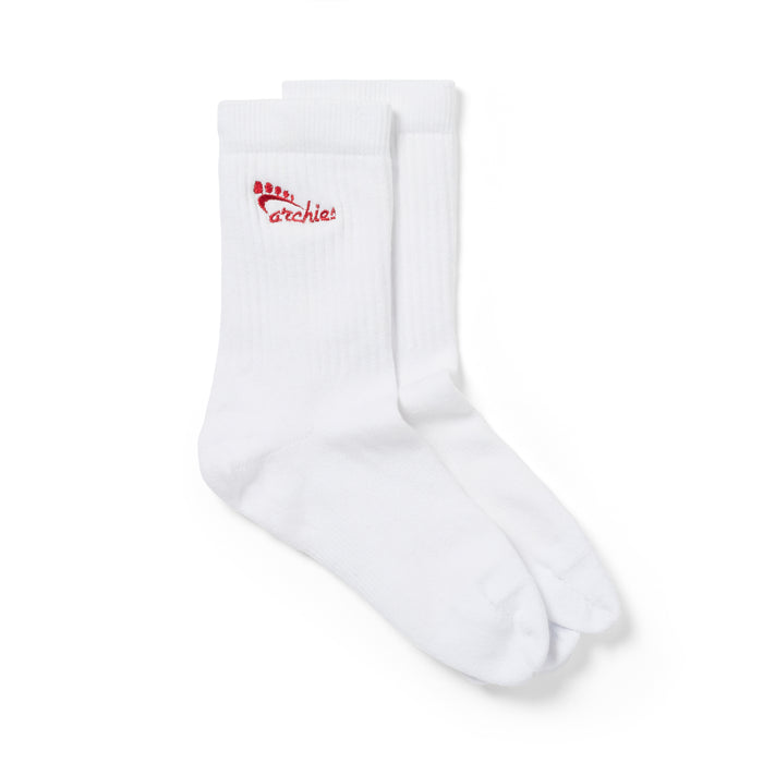 White Archies performance toe socks with red embroidery