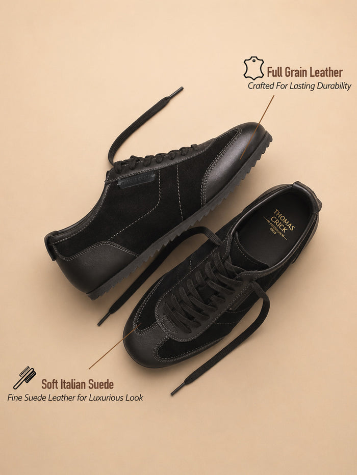 Pickton Black Suede Sneakers | Premium European  Styling Lace-Up Shoes |TC-2647BL