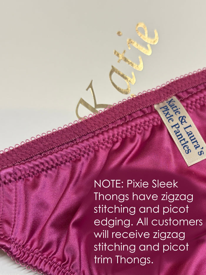 Satin thong panties with picot trim and zigzag stitching, berry purple