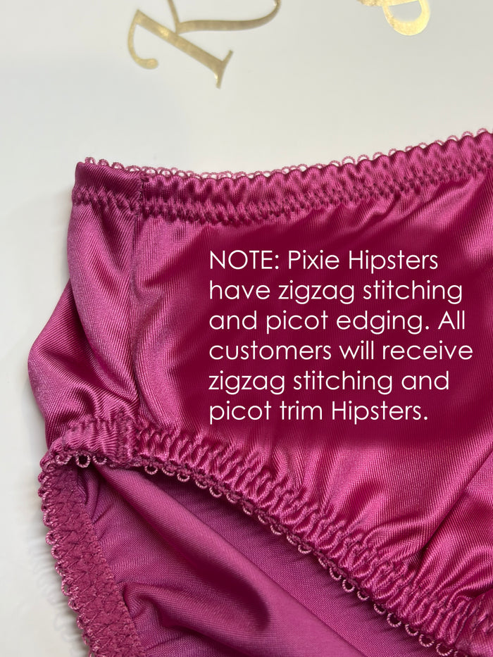 Purple berry satin hipster panty with zigzag stitching and picot trim