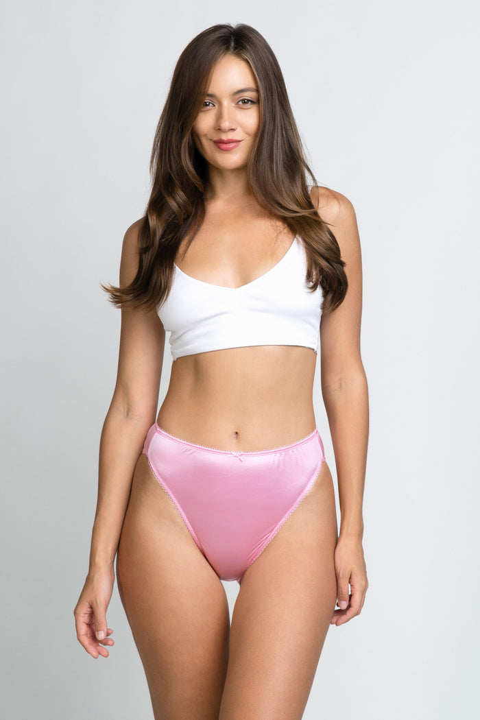 Women's BubbleGum Pink high-rise panties, front view with seam details