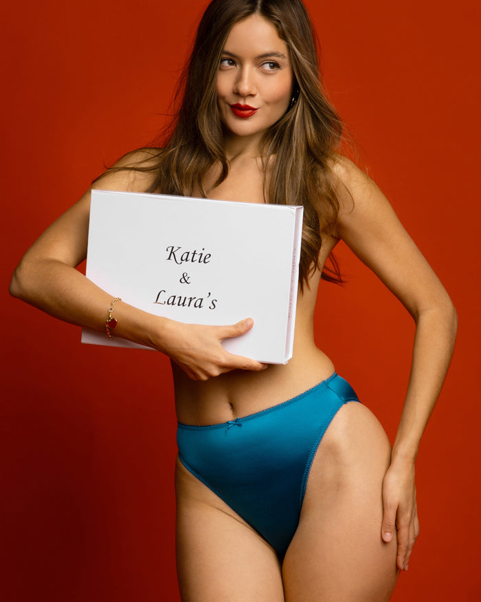 Peacock blue hipster panties on model, front view