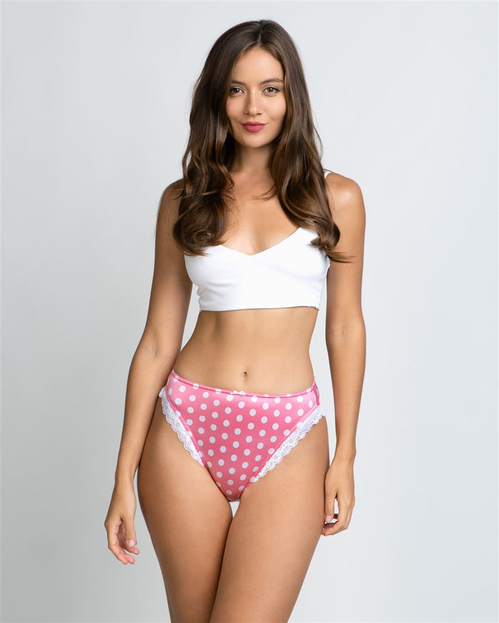 Pink polka-dot Mary panties with white lace trim and scalloped leg edges