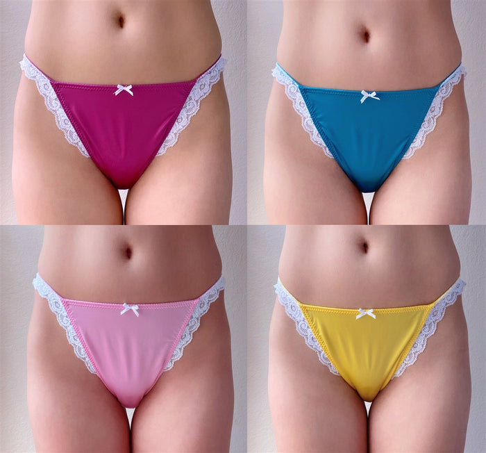 Set of four lace-trim thong panties in magenta, teal, pink, and yellow