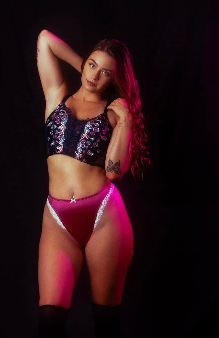 Purple berry lace thong with white lace back and small bow detail at the front.