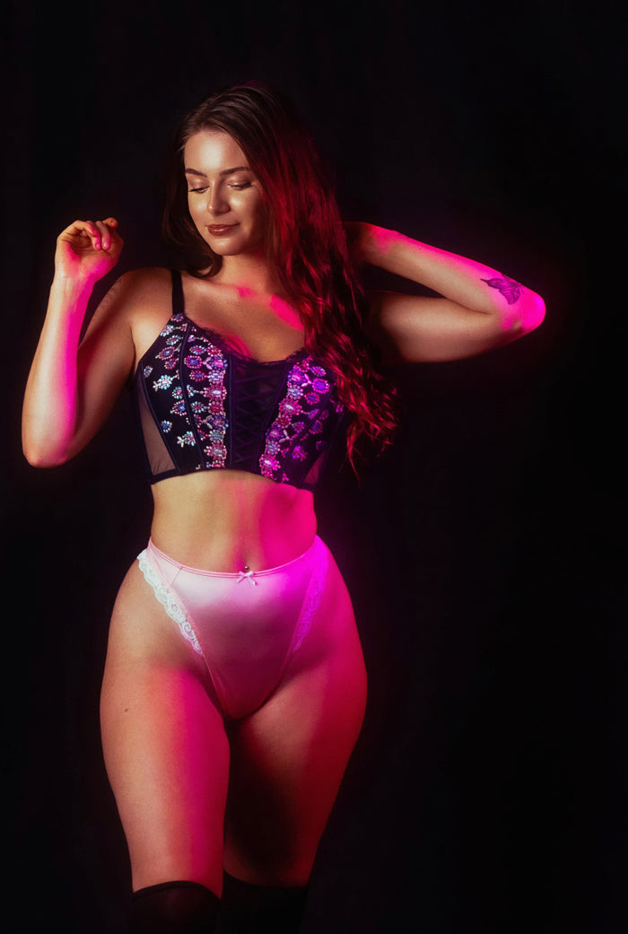 Pixie! dark pink thong with decorative lace trim at the front