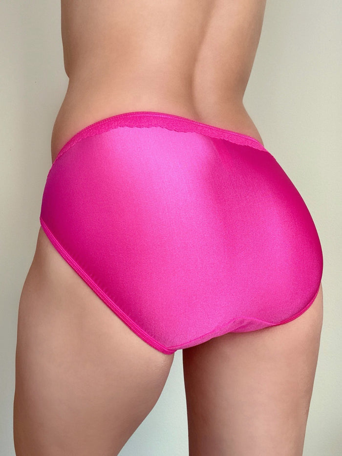Hot pink lace-trim panties, back view with wide lace waistband