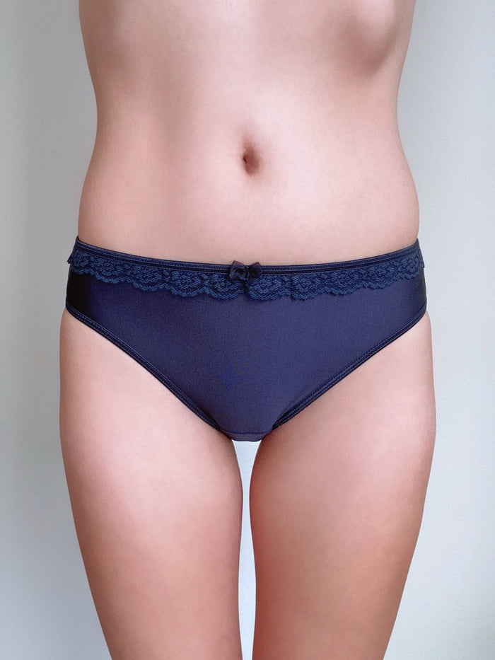 Dark blue lace waistband panties with small center bow detail