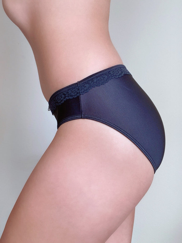 Dark blue lace-trim bikini briefs with wide waistband
