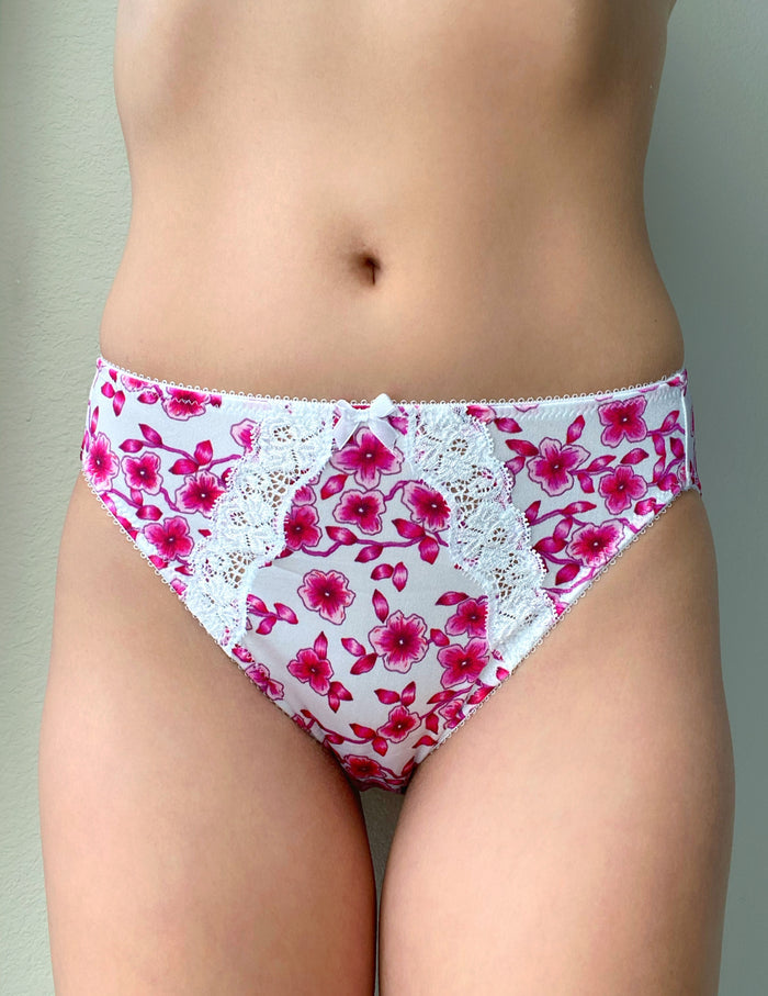 Hot pink floral panty with white lace center panel and gathered picot trim