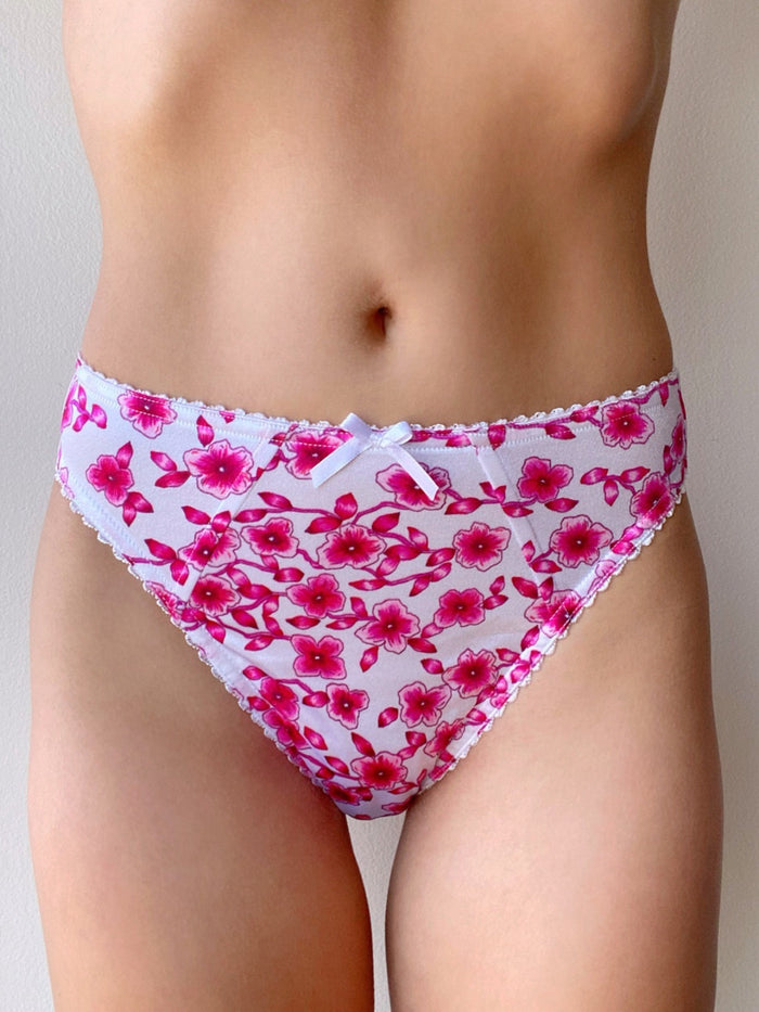 Pink and fuchsia floral bikini panties with white lace edge