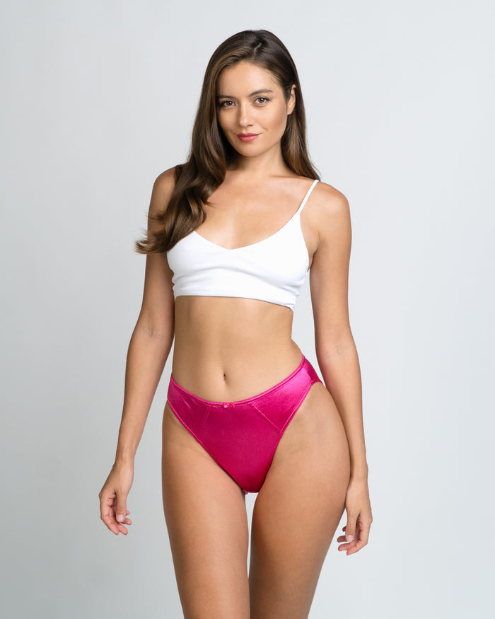 Hot pink high-rise satin panties, full-coverage back