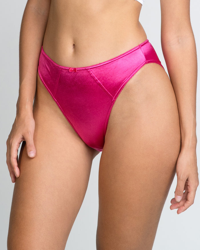 Hot pink satin panties with high-cut legs and gathered waistband