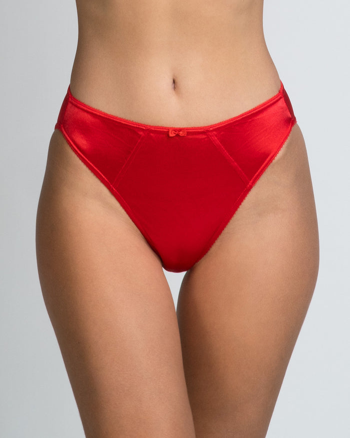Red satin bikini-style panties with elastic waistband and center seam detail