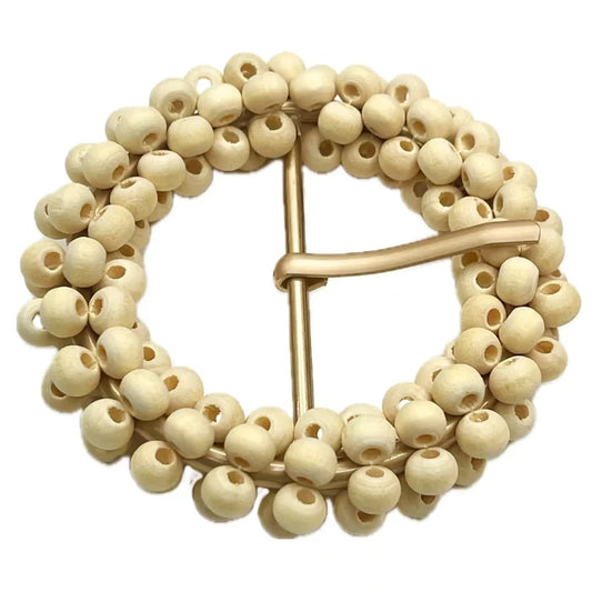 Ani Accessories zooming image   of gold prong with wooden cream bead  buckle on white background