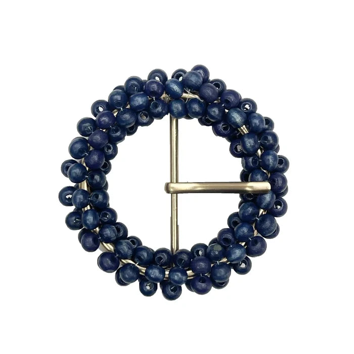 Ani Accessories  zooming blue wooden bead with gold prong buckle on a white background