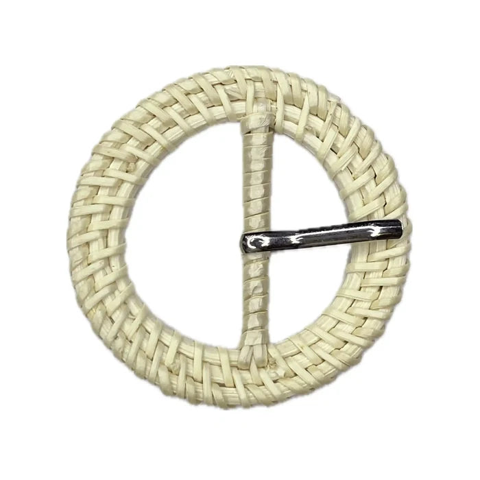 Ani Accessories Zooming image of Woven Cream  Circle raffia buckle with prong on a white background
