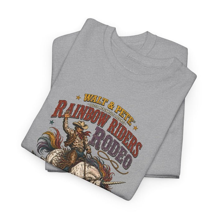 Rainbow Riders Rodeo 1978 queer Western graphic T-shirt by Walt & Pete