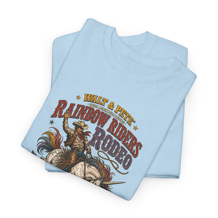 Cowpoke riding a rainbow-maned unicorn on a vintage LGBTQ+ rodeo