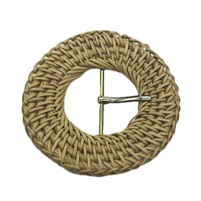 Ani  Accessories zooming image of rattan knitting inspired  Wheat cream color Circular raffia buckle  with gold prong on white background