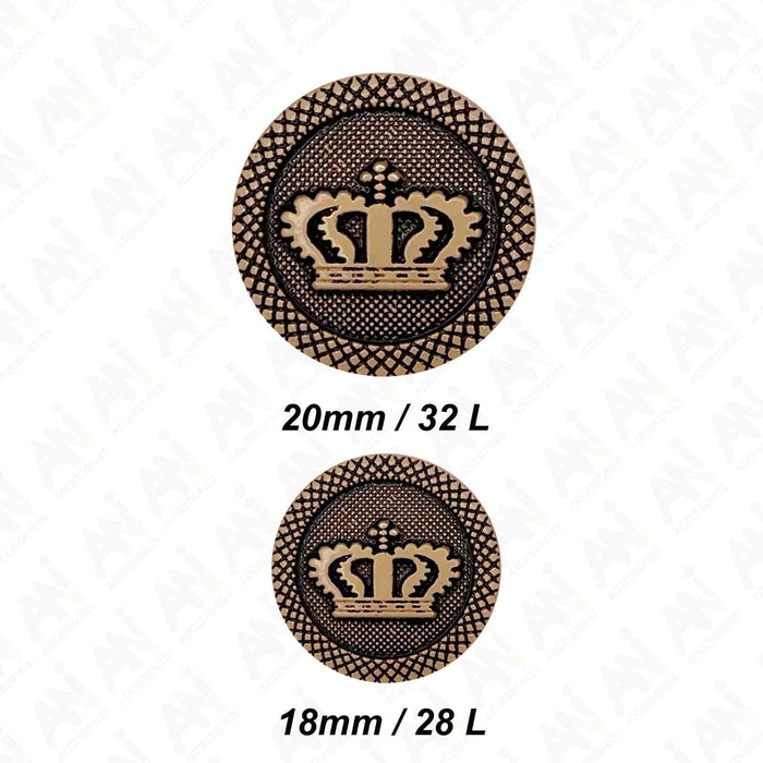 Regal Elegance Crown Metal Buttons | 18mm(28L) & 20mm(32L)