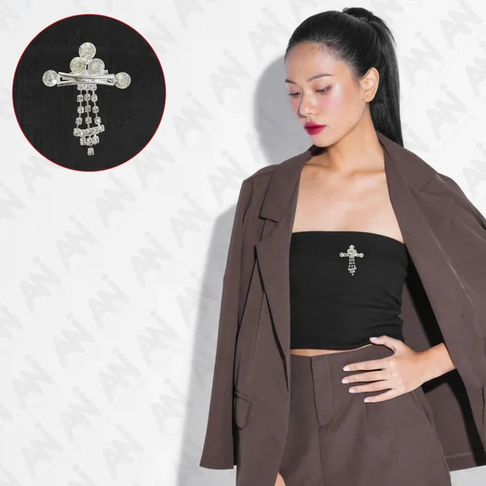 Regal Rhinestone & Crystal Brooch for Trendy Fashion displayed on a model wearing a stylish outfit