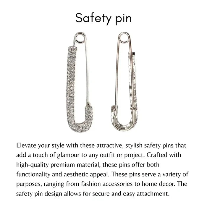 Ani Accessories Two rhinestone silver safety pins on a white background with text describing their uses of the safety pin as brooches & decorative pin as well.