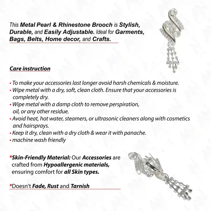 Metal Pearl & Rhinestone Swirl Brooch for Bridal & Fashion with Adjustable Design and Classic Elegance