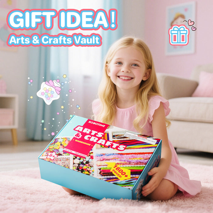 Robotime Arts and Crafts PA001 three organized trays showing colorful pipe cleaners, wooden butterfly and star cutouts, pom-poms, beads, and a linen storage pouch
