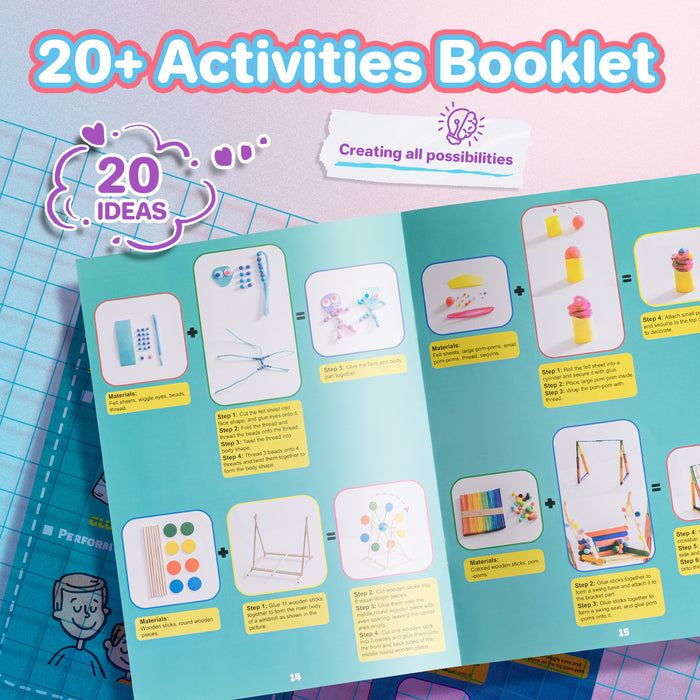 Robotime Arts and Crafts Warehouse PA002 activities booklet open showing 20 illustrated craft ideas with step-by-step guides for creating animals, frames, and decorations