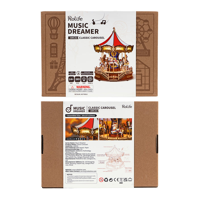 Rolife Classic Carousel AMC01 Music Dreamer box packaging showing front and back of kraft box with product specifications and assembly level