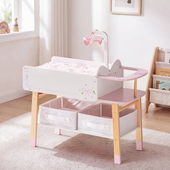 Front view of the ROBUD 18-inch doll changing table in white and pink with a mobile hanger and two pull-out baskets.